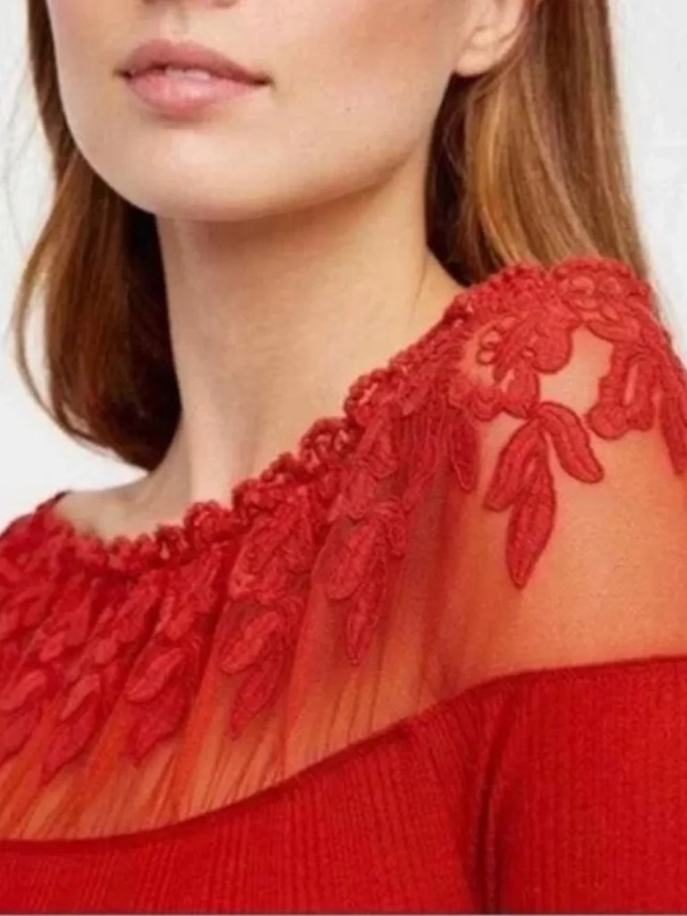 Free People Ribbed Off Shoulder Top Lace Trim Fitted‎ Going Out Rust Red M Boho